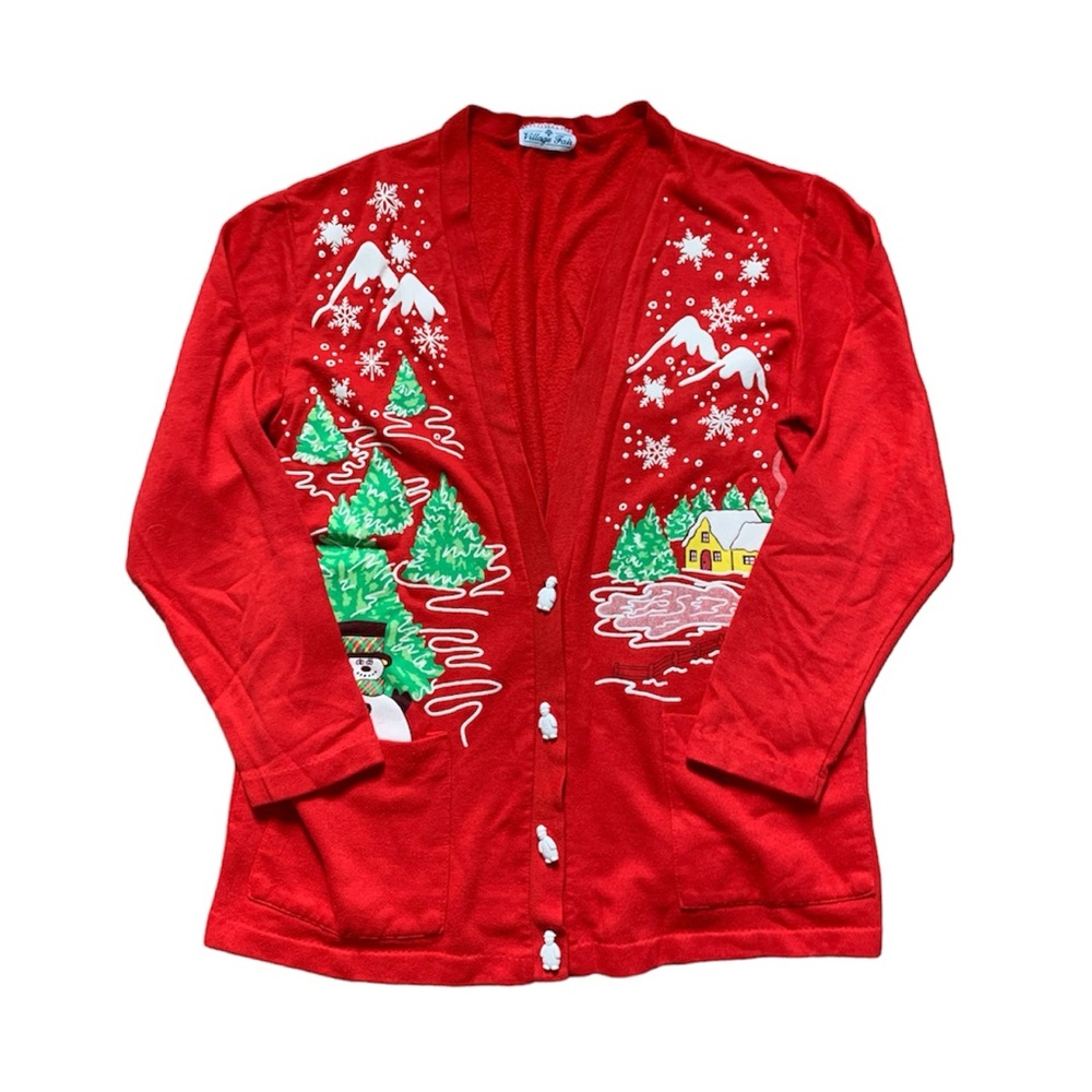 Vintage Village Fair Red Christmas Cardigan L